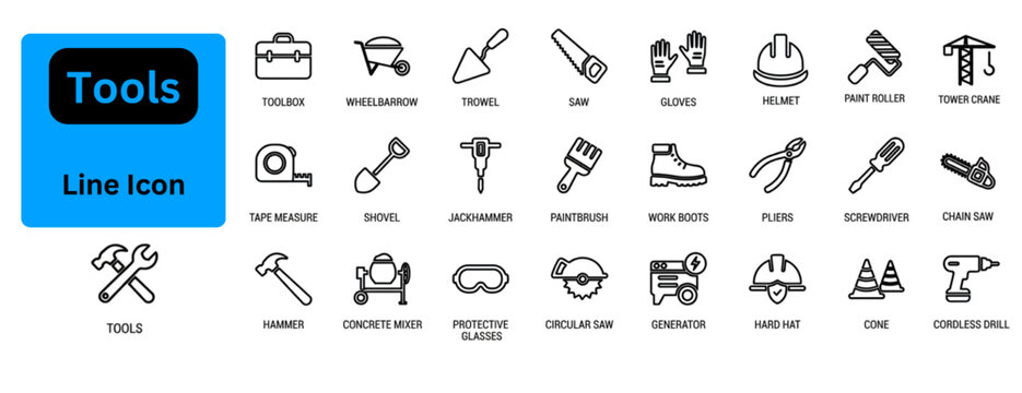 Tools line icon set. Tools outline icon set. Construction Tools icon set. Featuring hammer, spray paint, scissor, shovel, ruler, axe, handsaw, drilling machine, screw, pliers, paint brash symbols. 