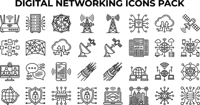 Comprehensive collection of digital networking icons featuring servers satellite technology cloud computing and global communication systems in clean line art style