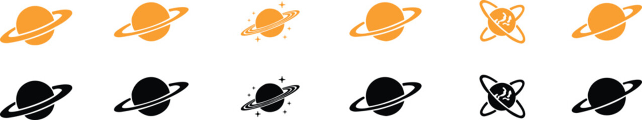 Saturn planet, ringed world and galaxy icon set collection group in flat style vector, space, cosmic, astronomy, orbit, universe symbols bundle © AbdulJabbar