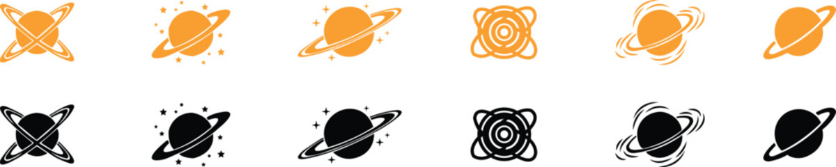 Saturn planet, ringed world and galaxy icon set collection group in flat style vector, space, cosmic, astronomy, orbit, universe symbols bundle © AbdulJabbar