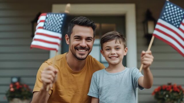 A smiling father and his young son hold American flags proudly in front of their home, embodying family patriotism and a sense of national pride.