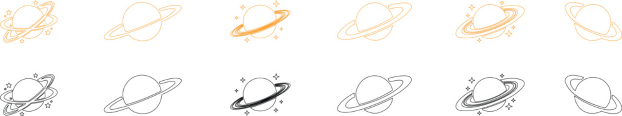 Saturn planet, ringed world and galaxy icon set collection group in line style vector, space, cosmic, astronomy, orbit, universe symbols bundle © AbdulJabbar