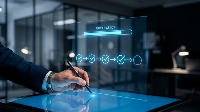 progress tracking workflow checklist with task completion steps and digital interface using stylus on business dashboard for productivity improvement time management and efficient process