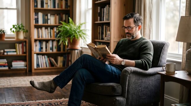 Man in Glasses Reading a Book in a Cozy Library Setting with Bookshelves.