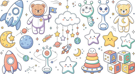 Pastel Baby Space Nursery Vector Set Featuring Astronaut Bear Rocket Ship Alien Rattles and Celestial Alphabet Blocks for Whimsical Infant Branding © Mrinal