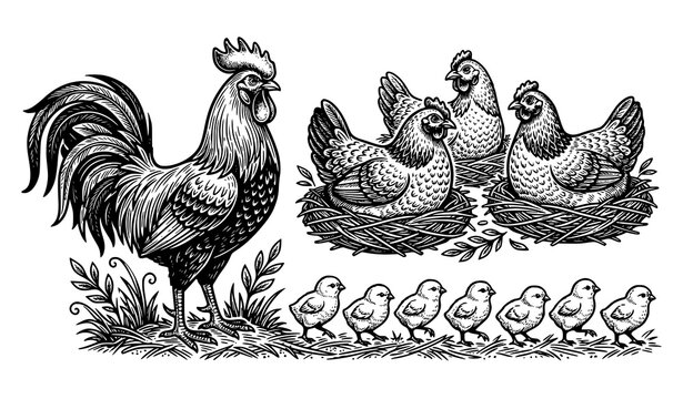 Vintage Rooster Hens and Baby Chicks Farm Vector Illustration