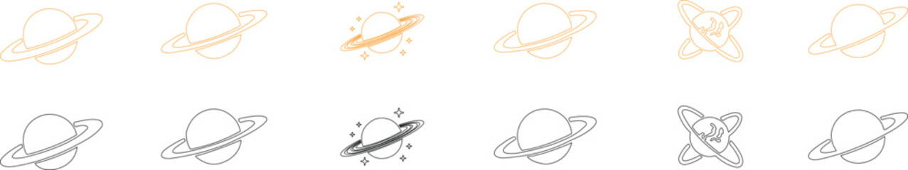 Saturn planet, ringed world and galaxy icon set collection group in line style vector, space, cosmic, astronomy, orbit, universe symbols bundle © AbdulJabbar
