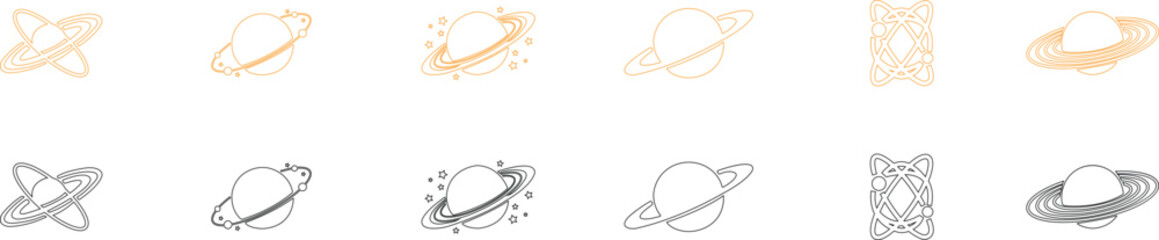 Saturn planet, ringed world and galaxy icon set collection group in line style vector, space, cosmic, astronomy, orbit, universe symbols bundle © AbdulJabbar