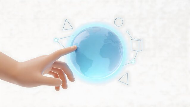 Hand touching glowing globe with shapes