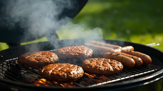 Juicy hamburger patties and hot dogs sizzle on a hot grill outdoors, surrounded by rising smoke, creating an inviting scene for a summer barbecue.
