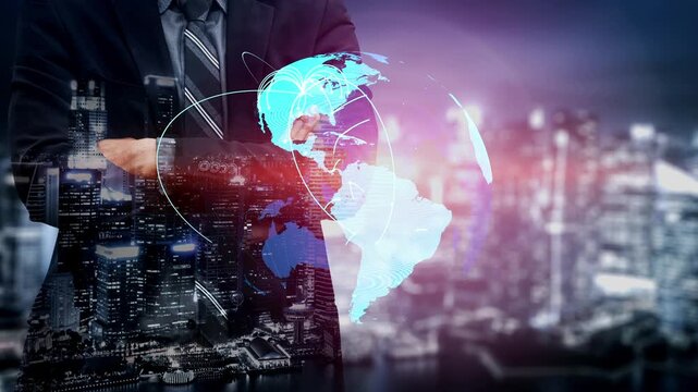 Global network connection visualization showing data exchange, digital link, worldwide communication. Global data flow and digital network infrastructure connecting regions around the world. Thunk