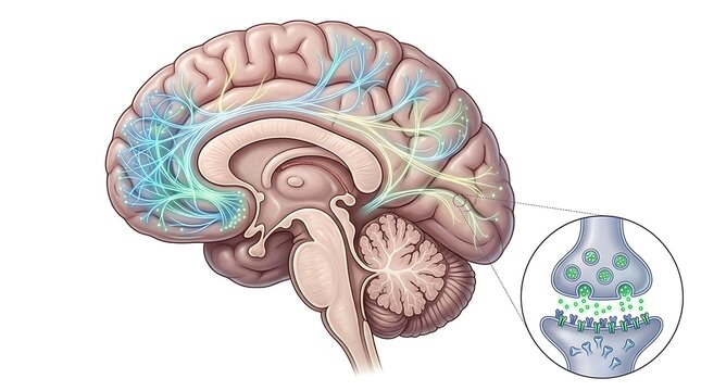 Human brain cross section with neural pathways and synapse detail