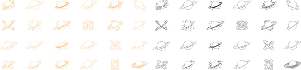 Saturn planet, ringed world and galaxy icon set collection group in line style vector, space, cosmic, astronomy, orbit, universe symbols bundle © AbdulJabbar