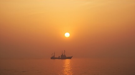 Obraz premium Fishing vessel silhouette on misty ocean at golden sunrise atmospheric seascape concept