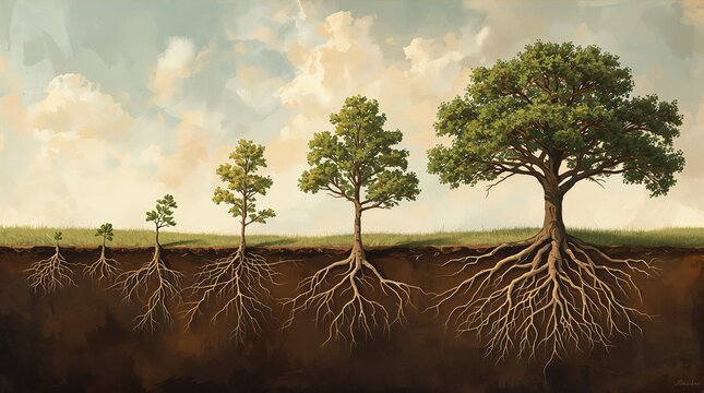 Tree growth stages from seedling to mature oak with exposed root system development concept