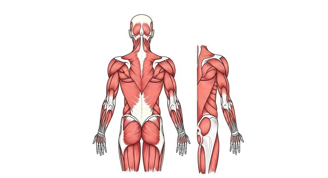 Anatomical diagram of human muscular system front and back views.