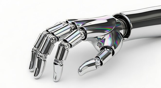 Shiny metallic robotic hand with fingers extended on white background