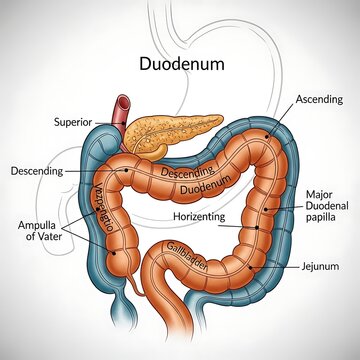 Anatomical Diagram of Human Duodenum and Pancreas.