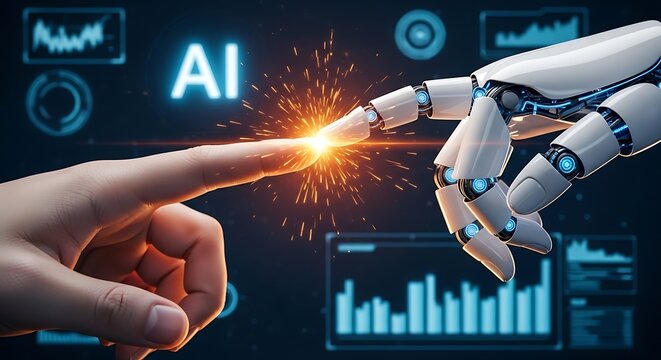 Human finger touching robotic hand with ai technology in background with graphs