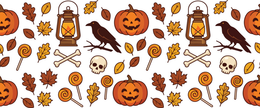 A festive Halloween border pattern filled with pumpkins, candy, and spooky motifs.