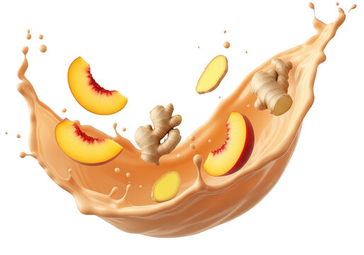 Peach ginger tea liquid splash with sliced peaches and ginger root floating in the air on white background  healthy drink concept transparent background