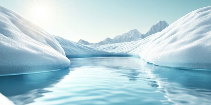 Serene Frozen River Scene Under Bright Sunlight Surrounded by Snow-Covered Mountains
