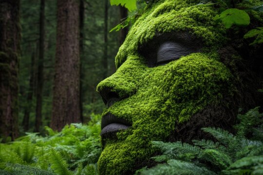 Moss-Covered Face Sculpture Blending into the Forest Environment