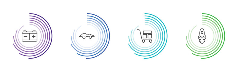 Obraz premium transportation icon set with workshop repair, formula 1, cart with boxes, space rocket launch signs in flat outline style