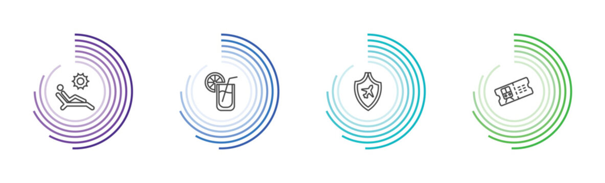 travel and trip icon set with sun bath, lemonade, travel insurance, train ticket signs in flat outline style