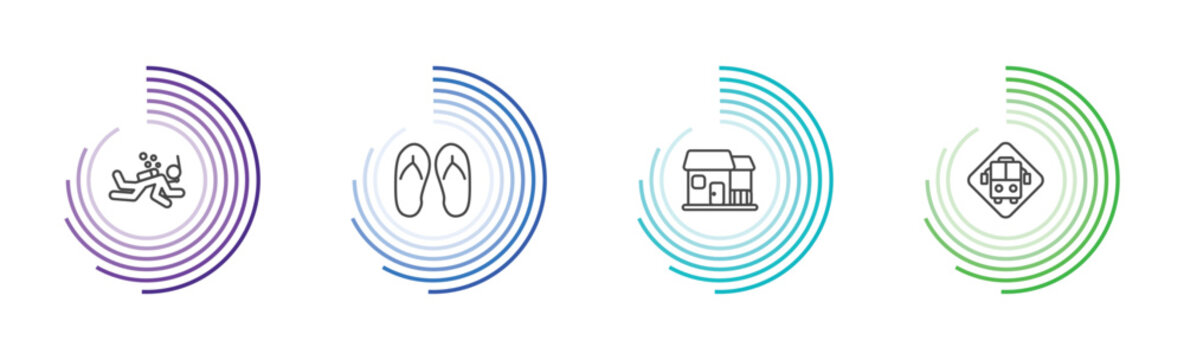 travel and trip icon set with scuba diving, flip flop, bungalow, bus stop signs in flat outline style