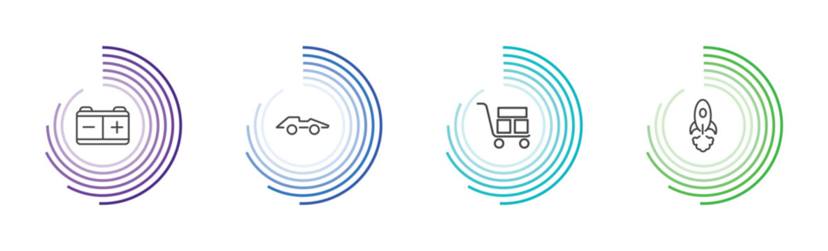 transportation icon set with workshop repair, formula 1, cart with boxes, space rocket launch signs in flat outline style