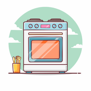 Cartoon illustration of a modern kitchen stove with cooking utensils