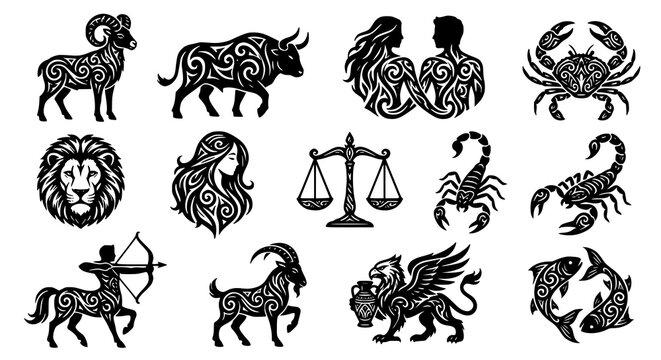 Black tribal zodiac animal icon collection with decorative vector illustrations
