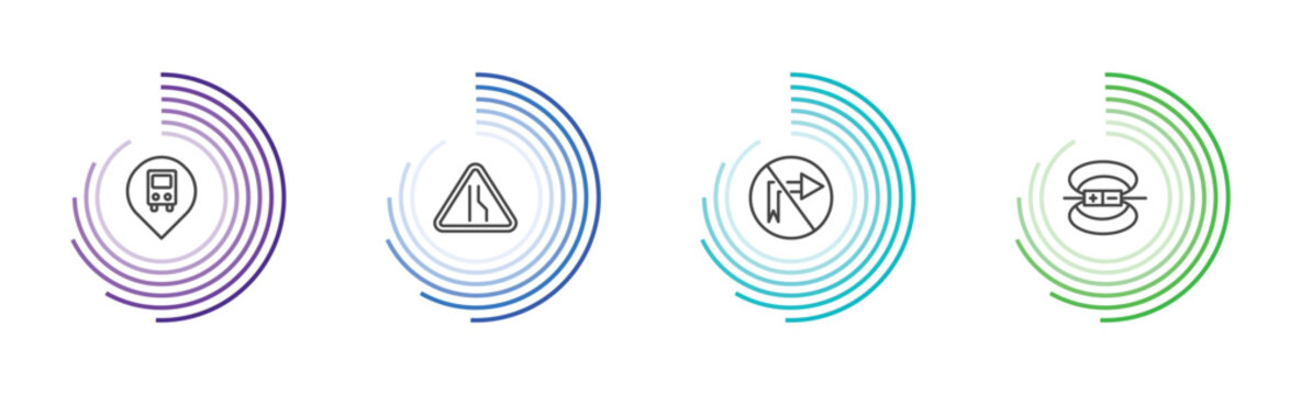 traffic signs icon set with bus stop, lane, no turn right, magnetic field signs in flat outline style
