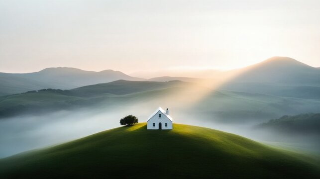 Serene Landscape with Isolated White House and Soft Morning Light Over Rolling Hills