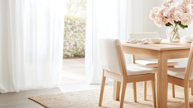 Elegant Dining Room Decor with Fresh Flowers and Light Curtains for Cozy Atmosphere