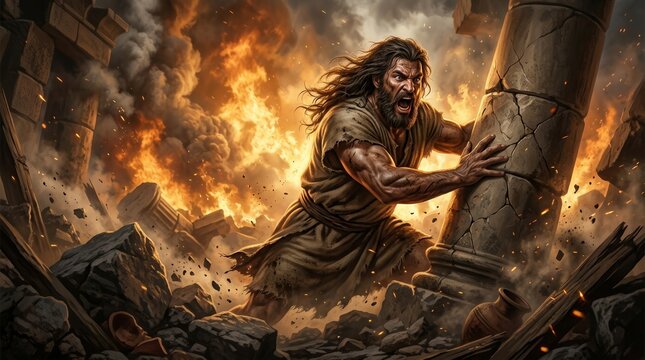 Biblical character Samson in an intense portrait highlighting his strength.