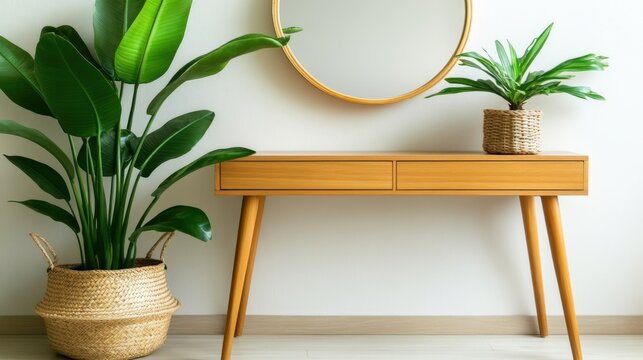 Modern Minimalist Interior Decor Featuring Stylish Console Table, Mirror, and Lush Green Plants