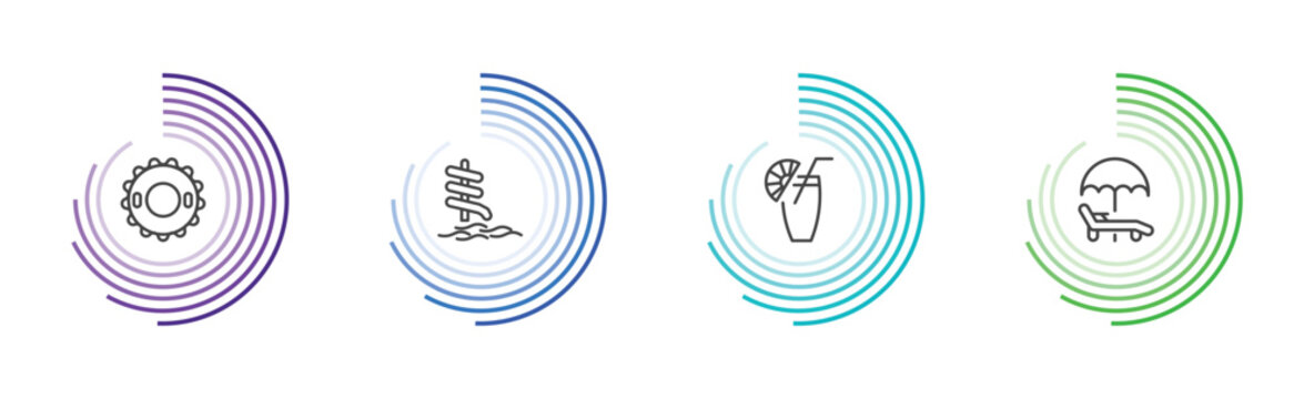 summer icon set with rubber ring, aqua park, lime juice, sunbed signs in flat outline style