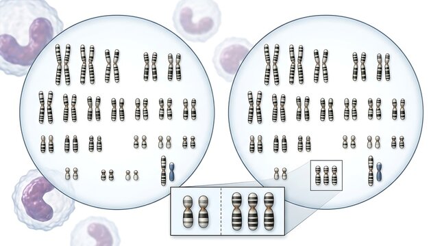 Human chromosome karyotype comparison showing trisomy 21
