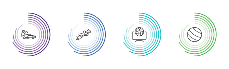 sport and game icon set with drift car, waiter falling, football channel, exercise ball signs in flat outline style © Abstract