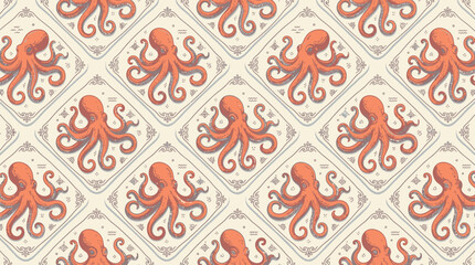 Vibrant coral octopus pattern on beige background with diamond shapes and swirling tentacles © craftsby.ib