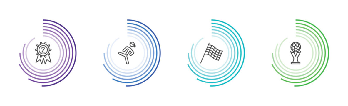 sport and games icon set with second prize, pencak silat, chequered flag, world cup signs in flat outline style