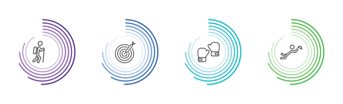 sport and games icon set with trekking, dartboard with dart, two boxing gloves, waiter falling signs in flat outline style