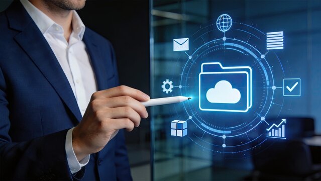 Corporate executive managing cloud storage folders and data security settings on a transparent virtual screen with icons for email, analytics, and global business operations.