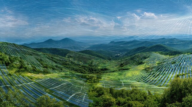 CleanEnergy panoramic photovoltaic installation across green terrain expressing zero emission future and ecological balance copy space green transformation theme ethereal.