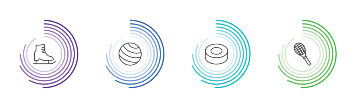 sport and games icon set with ice skating, gym ball, hockey puck, squash signs in flat outline style