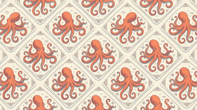 Vibrant coral octopus pattern on beige background with diamond shapes and swirling tentacles