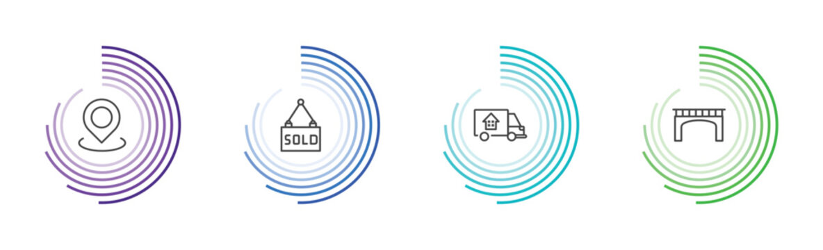 real estate industry icon set with map location, sold, moving truck, bridges signs in flat outline style