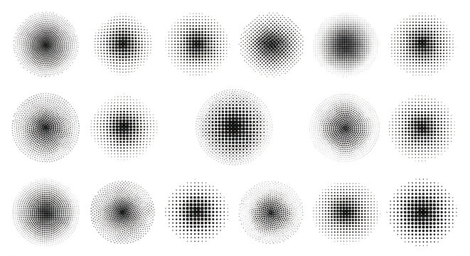 A collection of white circular halftone patterns with varying dot densities arranged in a grid against a solid black background